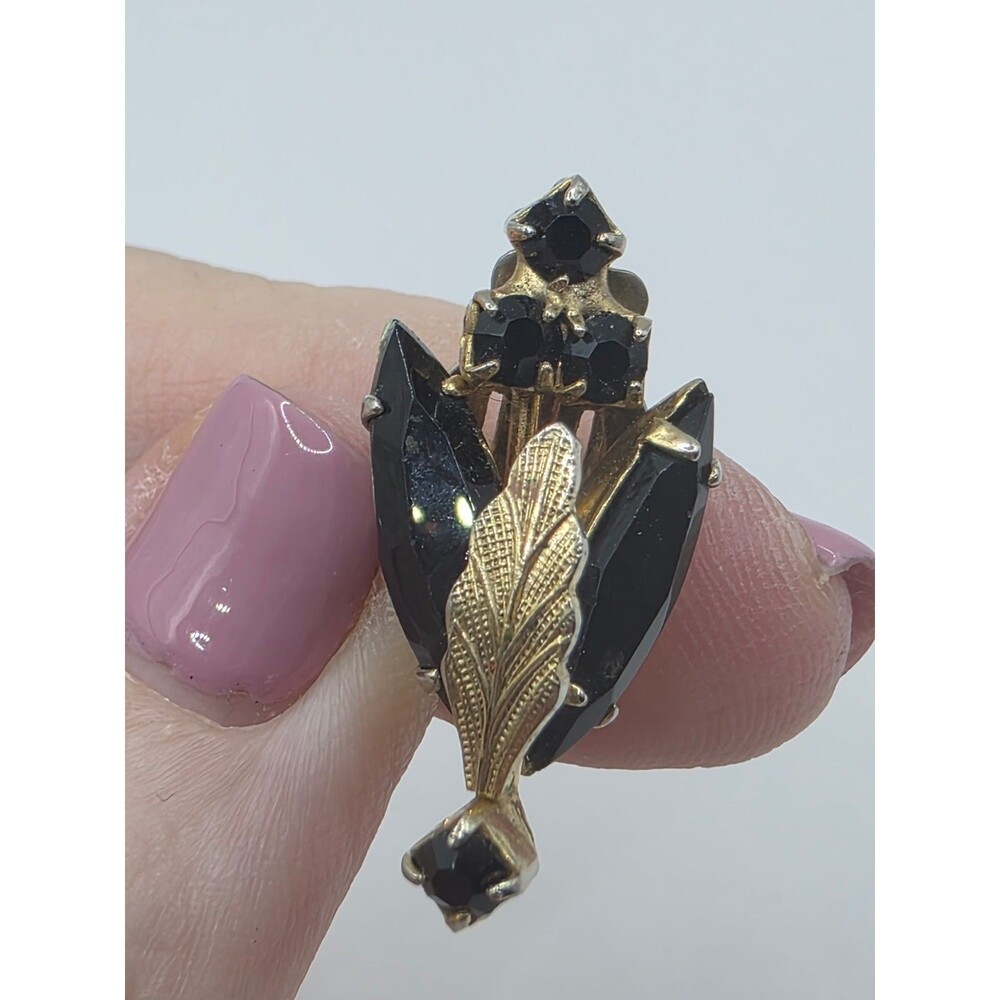 Black & Goldtone Leaf Rhinestones Clip-On Earrings Vintage 1"